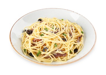 Photo of Plate of delicious pasta with anchovies, olives and parmesan cheese isolated on white