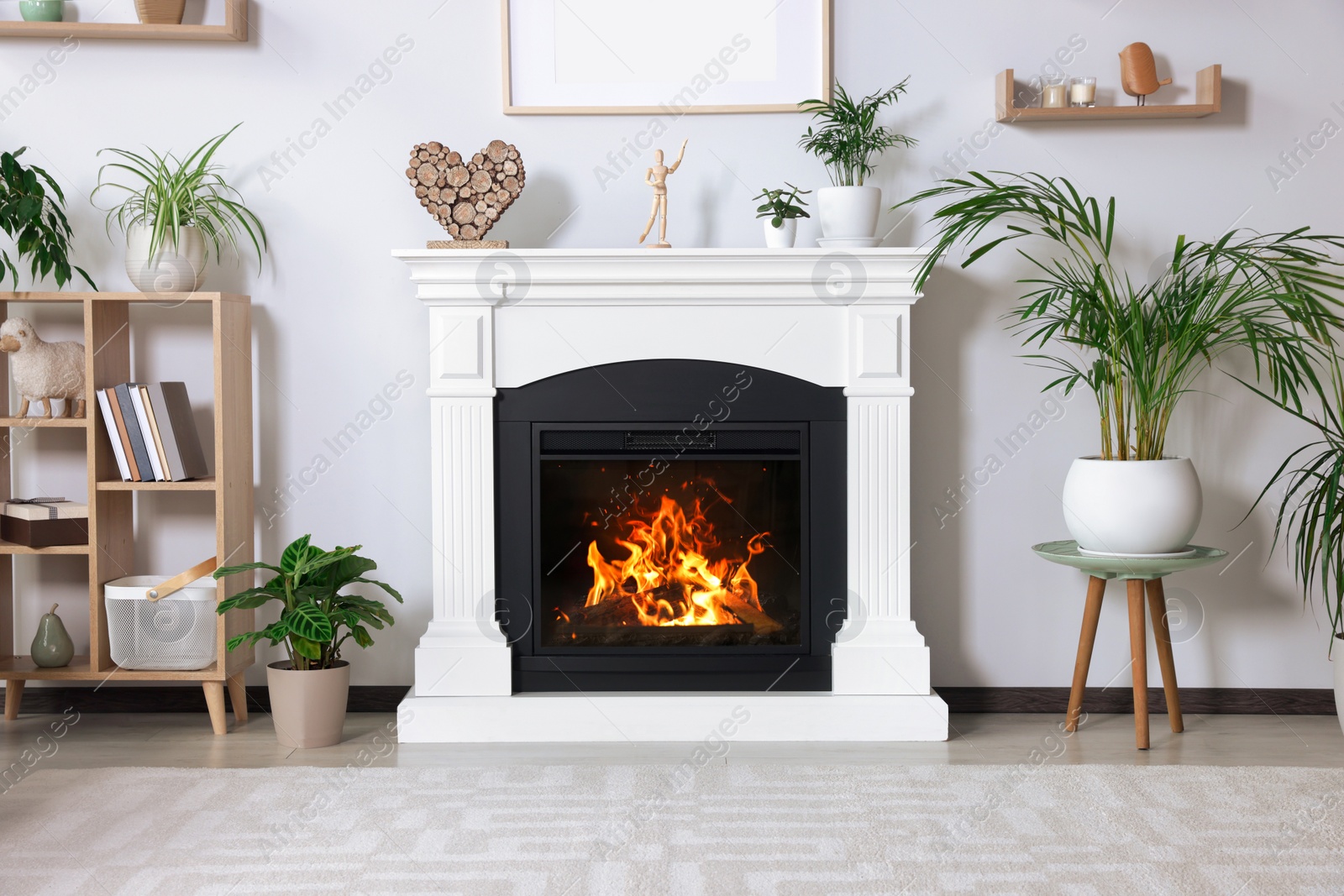 Photo of Stylish living room interior with fireplace, cabinet and houseplants