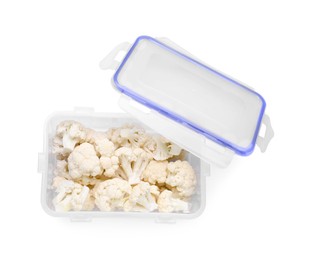 Plastic container with different fresh cut cauliflower and lid isolated on white, top view