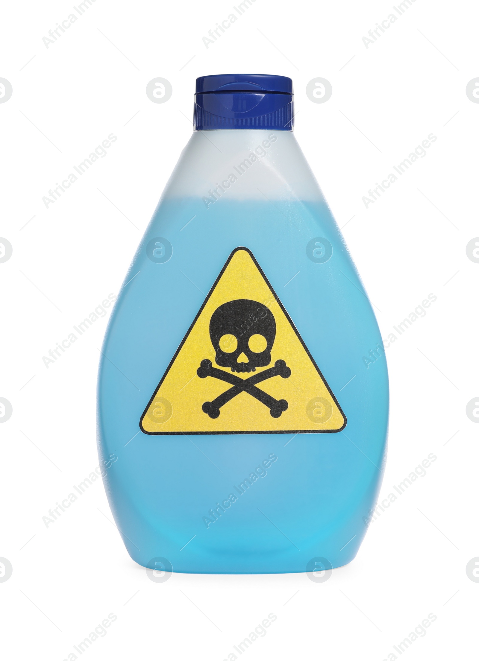 Photo of Bottle of toxic household chemical with warning sign isolated on white