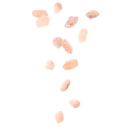 Image of Pink himalayan salt falling on white background