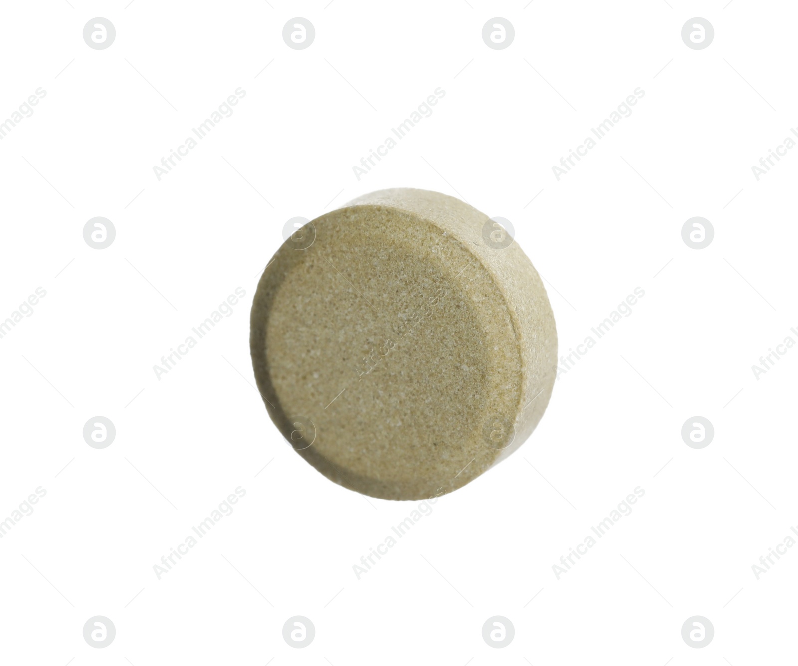 Photo of One round pill on white background. Medicinal treatment