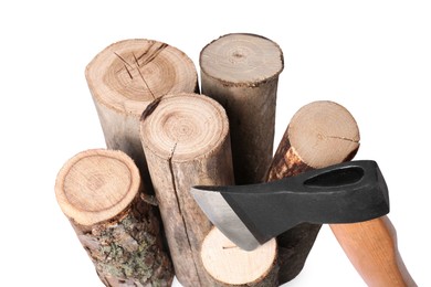 Photo of Metal ax and wood logs on white background