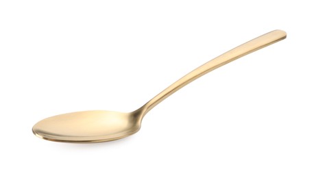 Photo of One shiny golden spoon isolated on white