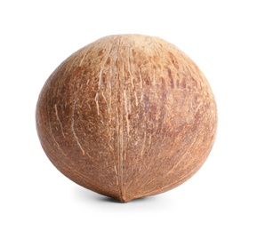 Photo of Ripe whole brown coconut on white background