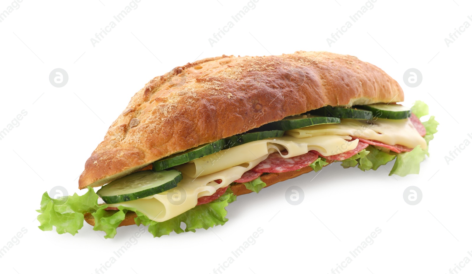 Photo of Delicious sandwich with cucumber, cheese, salami and lettuce leaves isolated on white