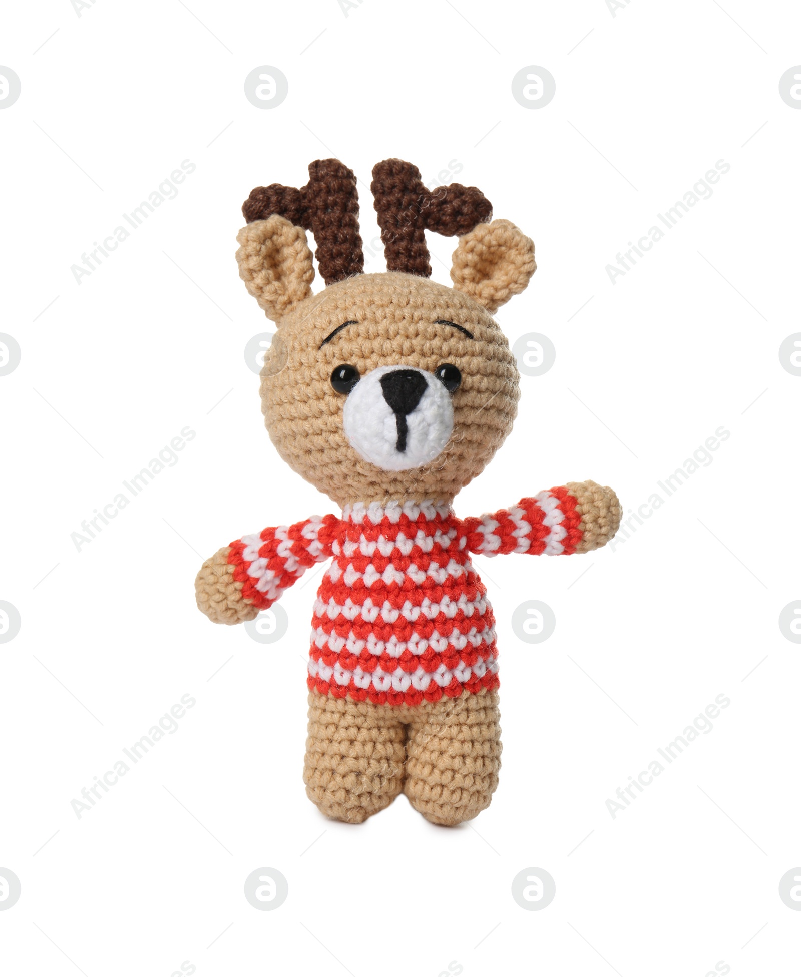 Photo of One crochet deer isolated on white. Children's toy