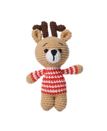 Photo of One crochet deer isolated on white. Children's toy