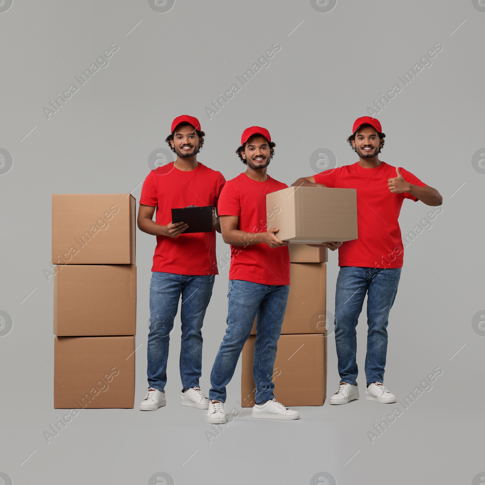 Image of Delivery service. Happy courier with cardboard boxes on light grey background, collage of photos