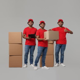 Delivery service. Happy courier with cardboard boxes on light grey background, collage of photos