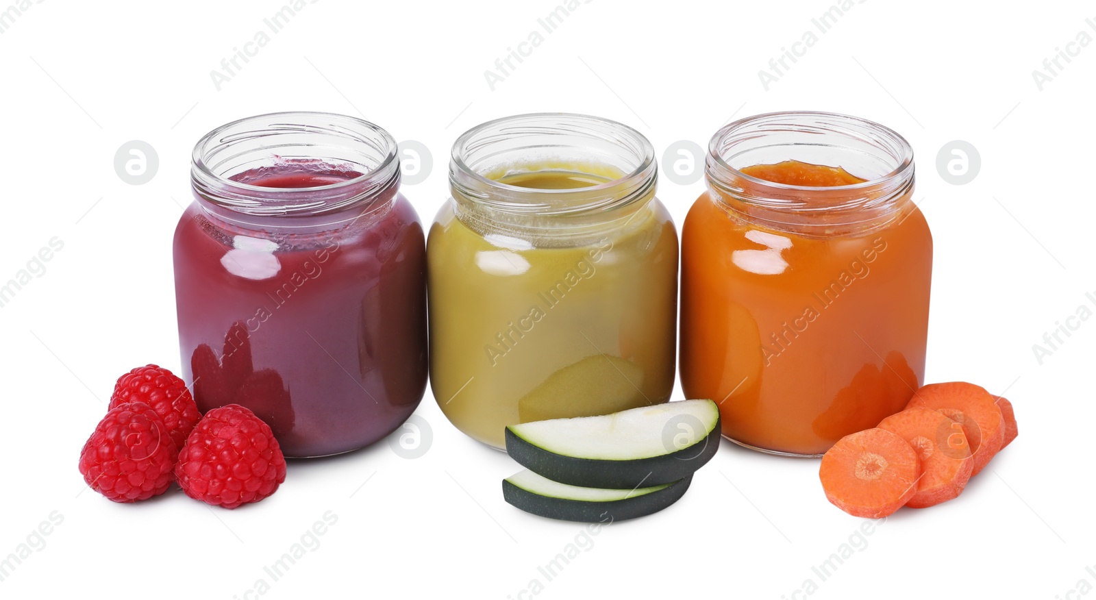 Photo of Jars of healthy baby food and ingredients isolated on white