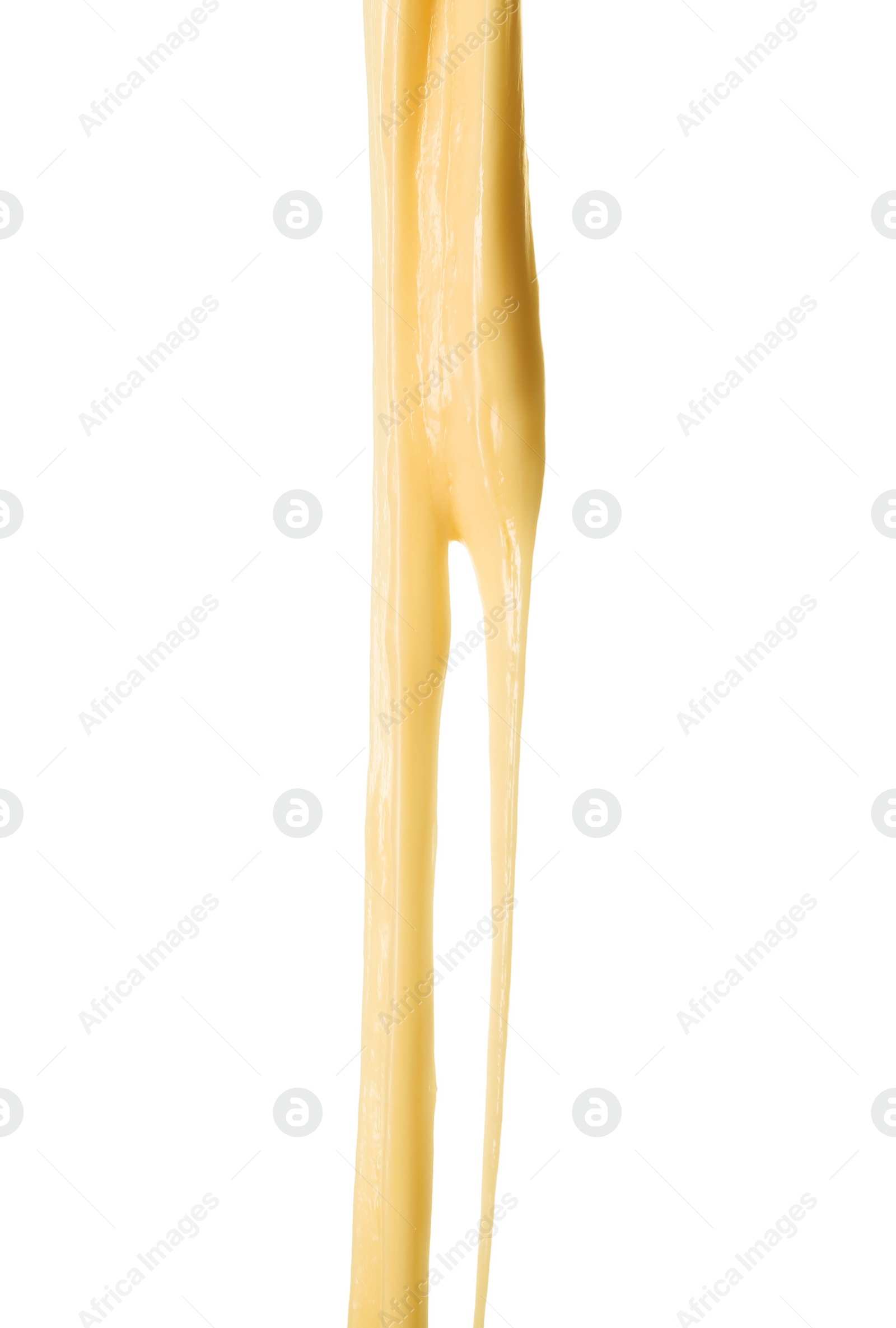 Photo of Stretching delicious melted cheese isolated on white