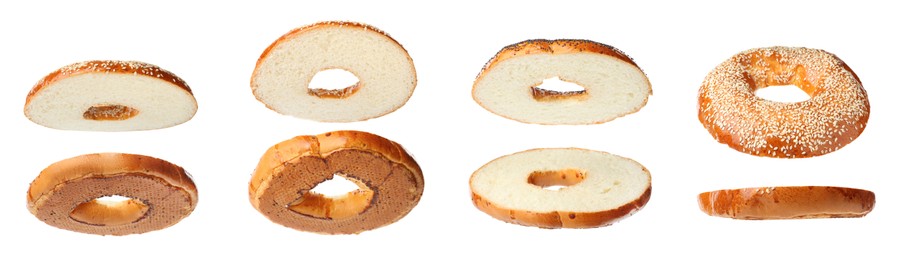 Image of Set with tasty fresh bagels on white background. Banner design