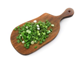 Photo of Wooden board with chopped green onion isolated on white, top view