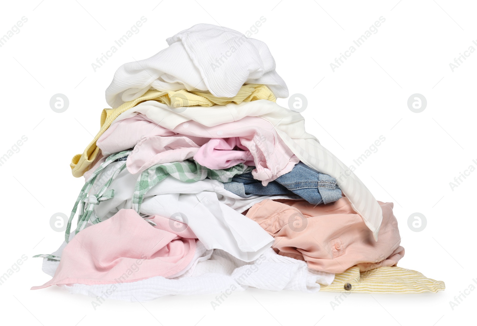 Photo of Pile of colorful clothes isolated on white