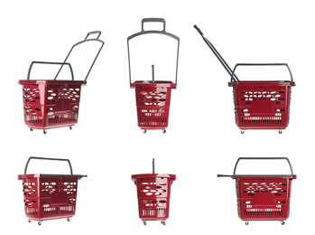 Image of Set of shopping baskets on white background