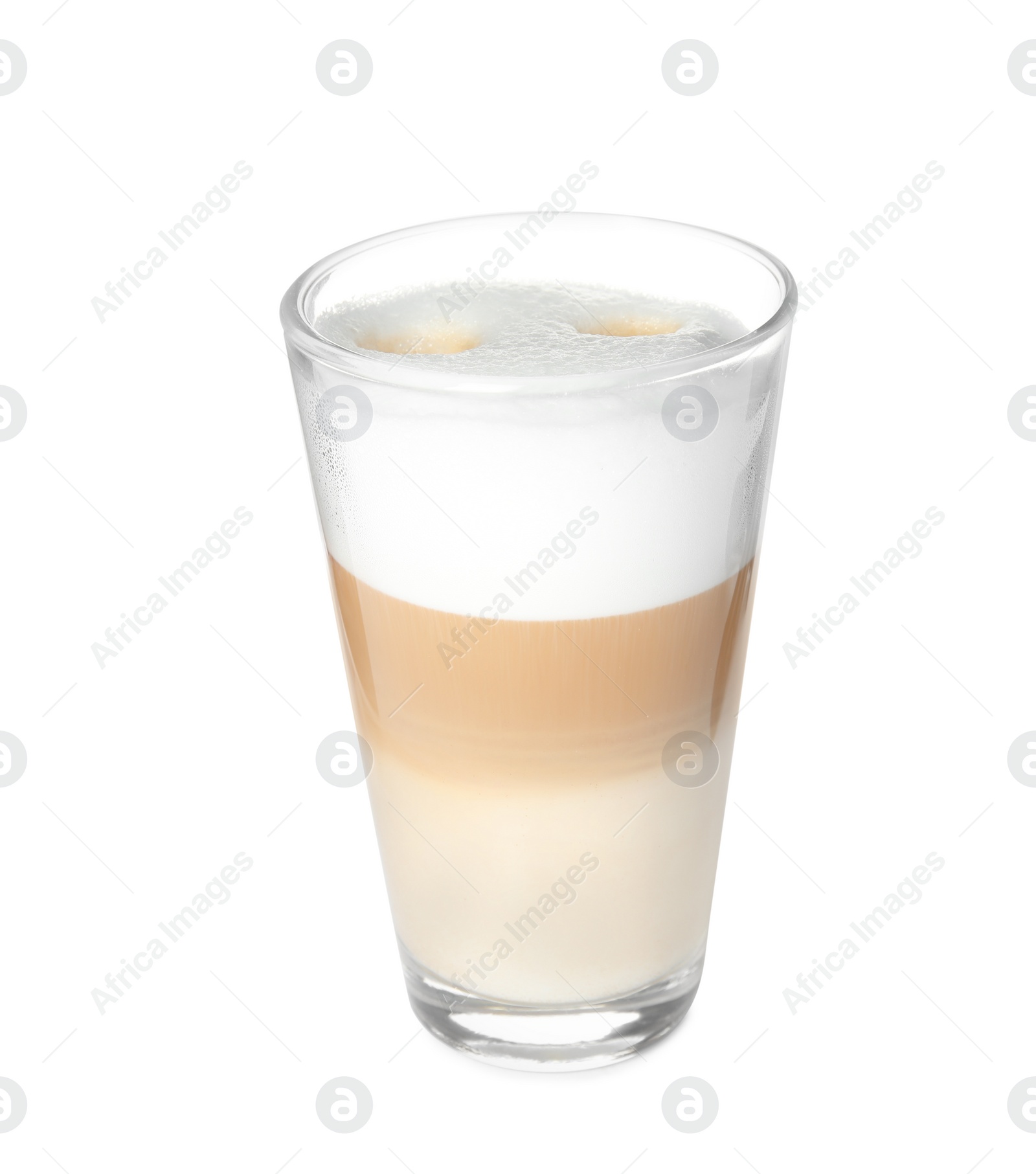 Photo of Glass of delicious latte macchiato on white background