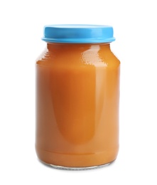 Jar with healthy baby food on white background