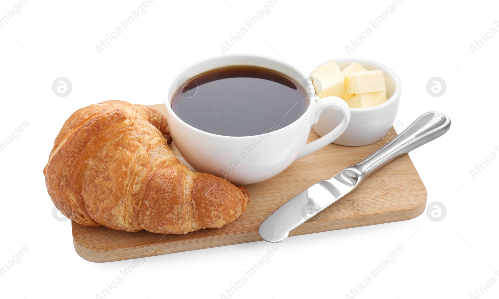 Photo of Fresh croissant, butter and coffee isolated on white. Tasty breakfast