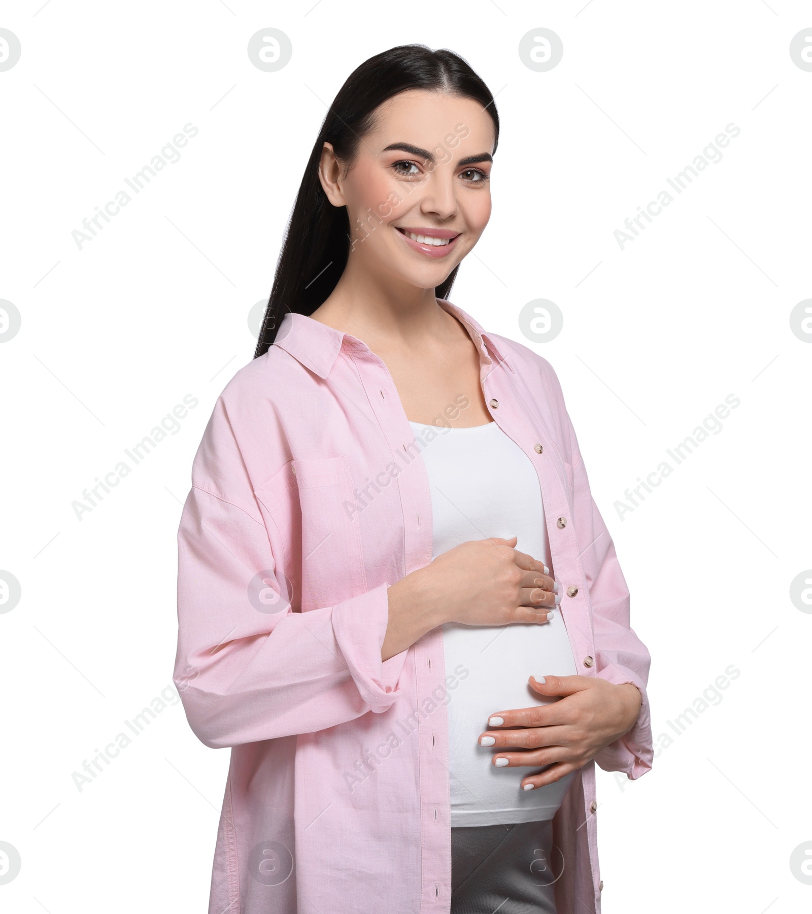 Photo of Portrait of beautiful pregnant woman isolated on white
