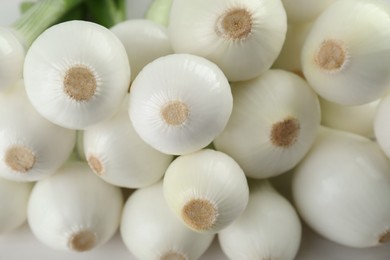 Photo of Whole green spring onions as background, closeup