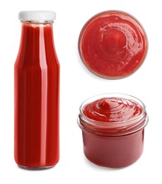 Image of Tasty ketchup isolated on white, collage. Tomato sauce
