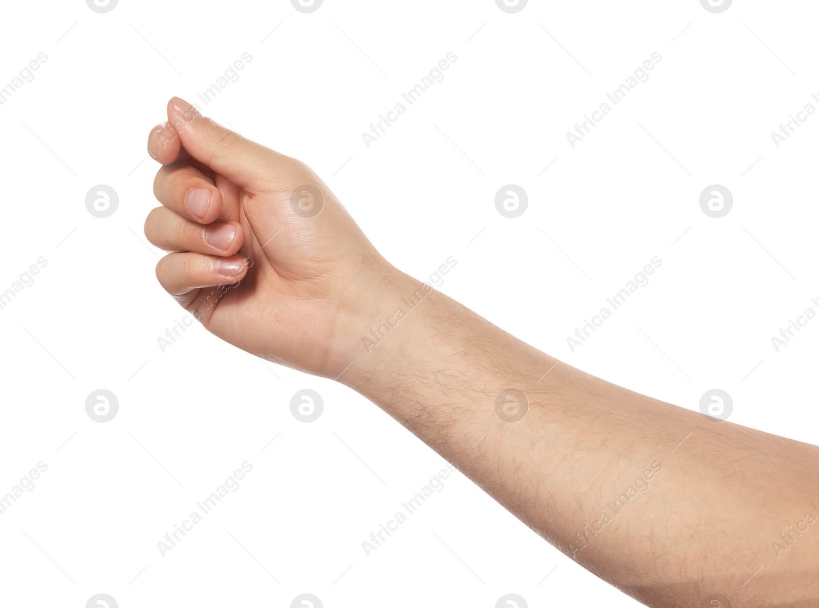 Photo of Man holding something on white background, closeup