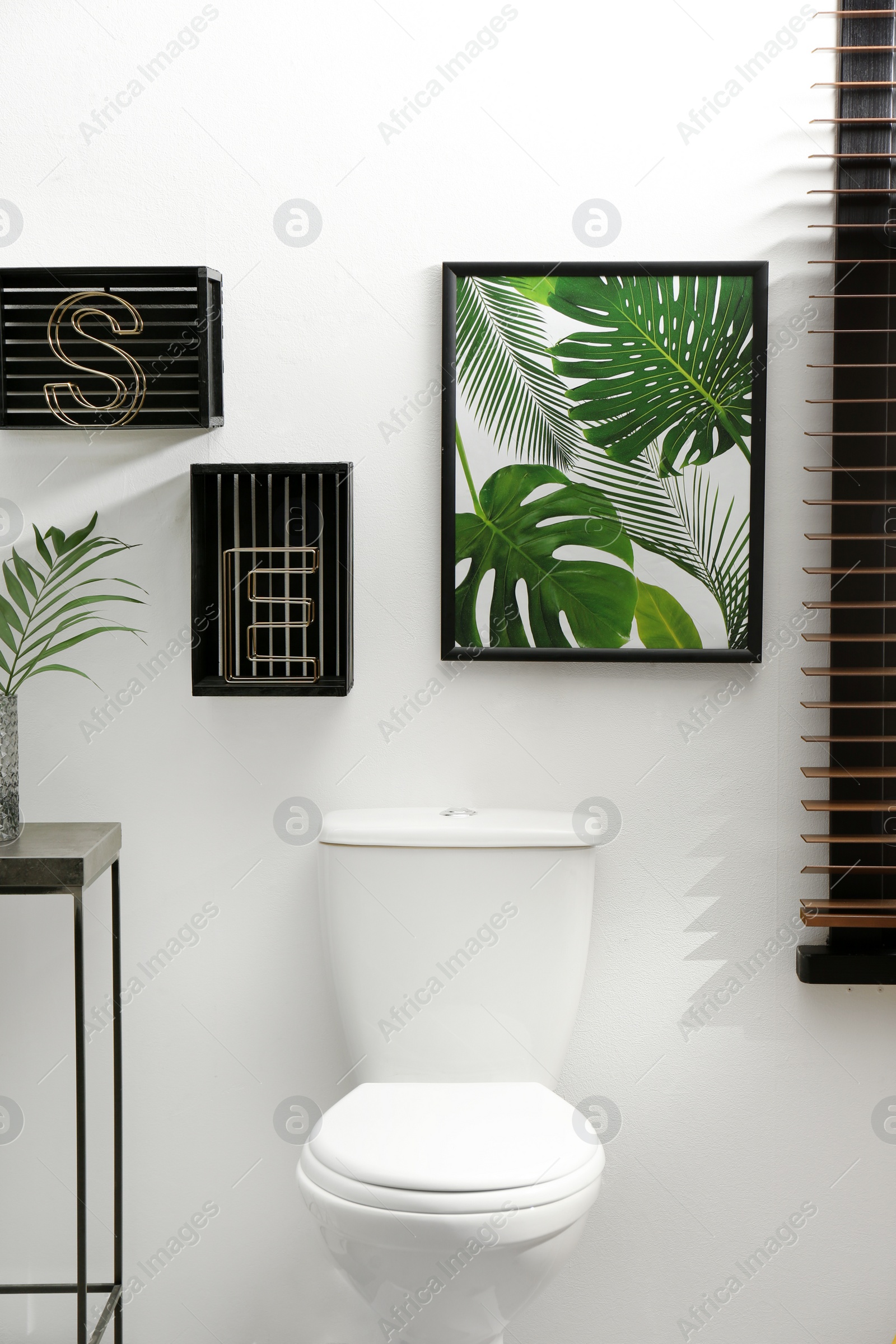 Photo of Picture and shelves near toilet bowl in restroom interior