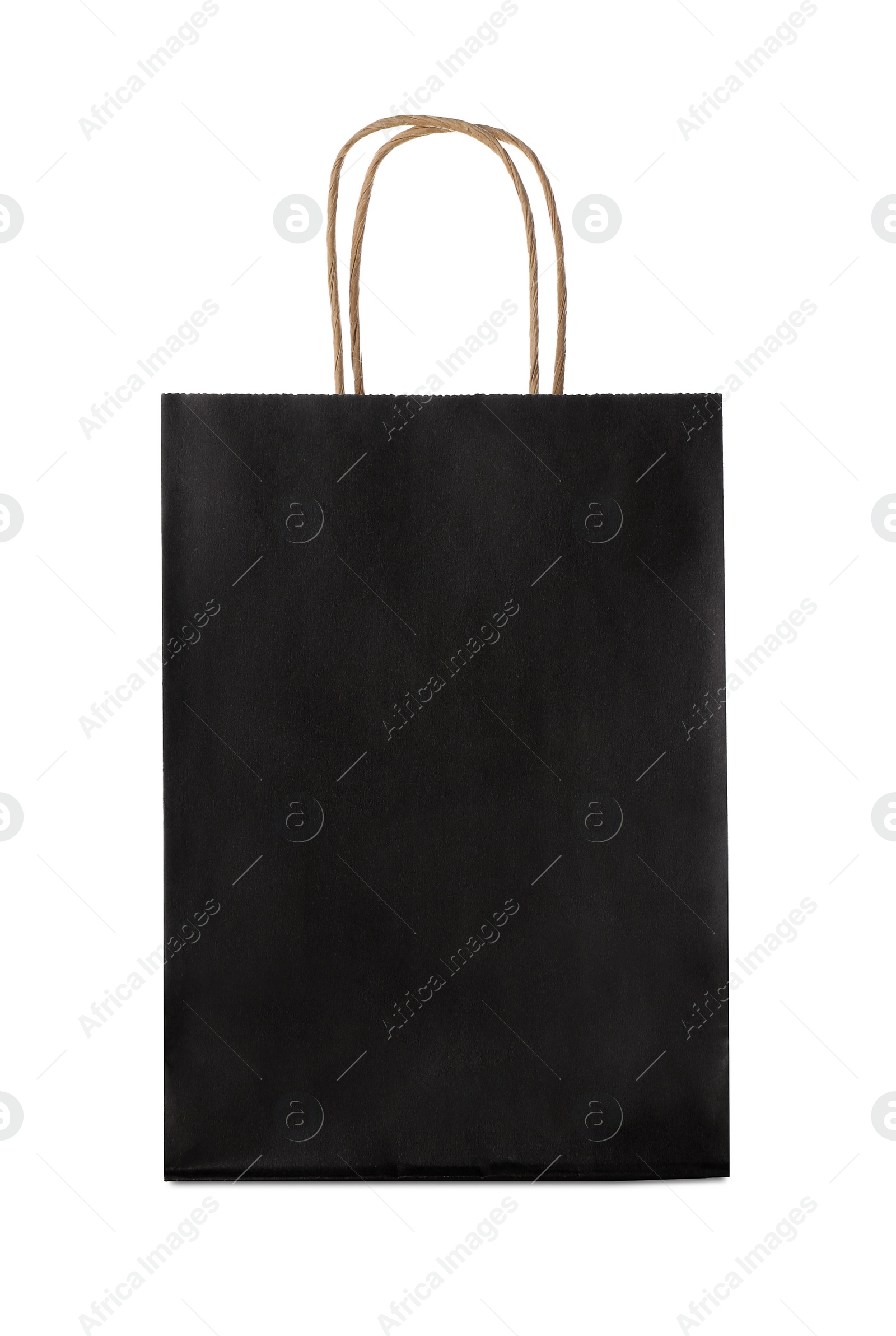 Photo of Blank black paper bag on white background. Space for design