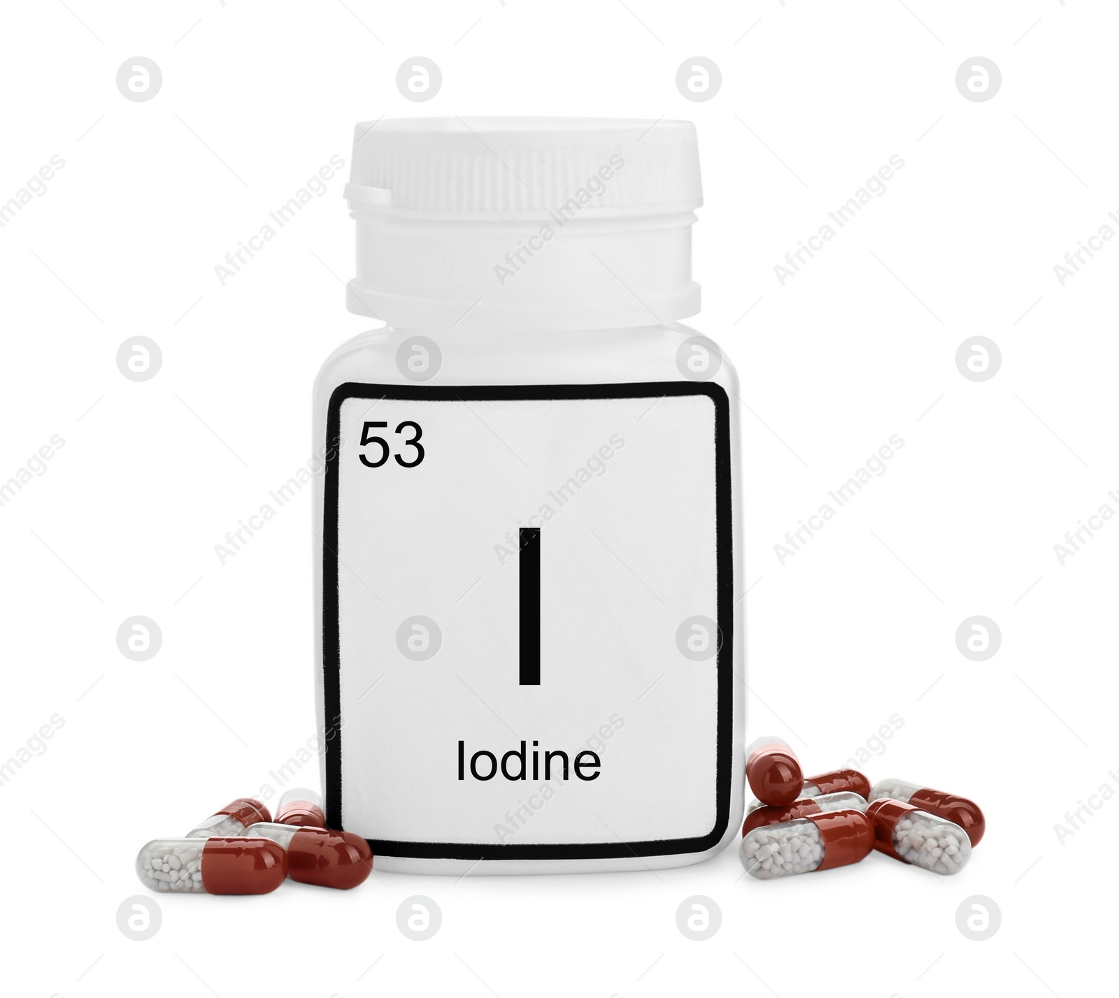 Photo of Plastic jar and iodine pills isolated on white