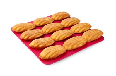 Many tasty madeleine cookies in baking mold isolated on white