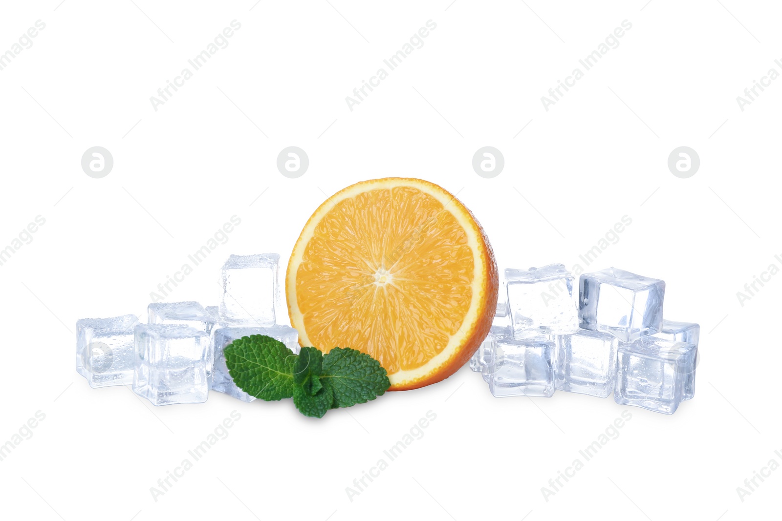 Photo of Ice cubes, mint and orange on white background