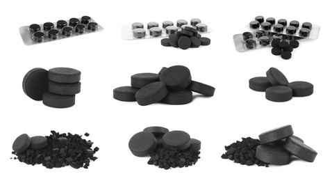 Image of Set with activated charcoal pills on white background. Potent sorbent