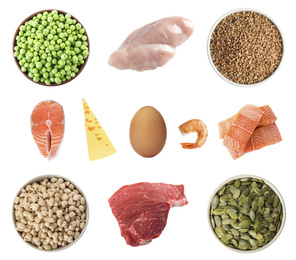 Image of Set with food rich in protein on white background