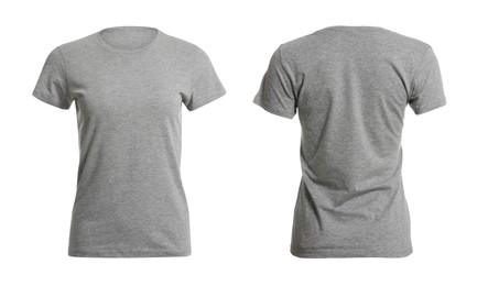 Image of Grey t-shirt with space for design isolated on white. Back and front views