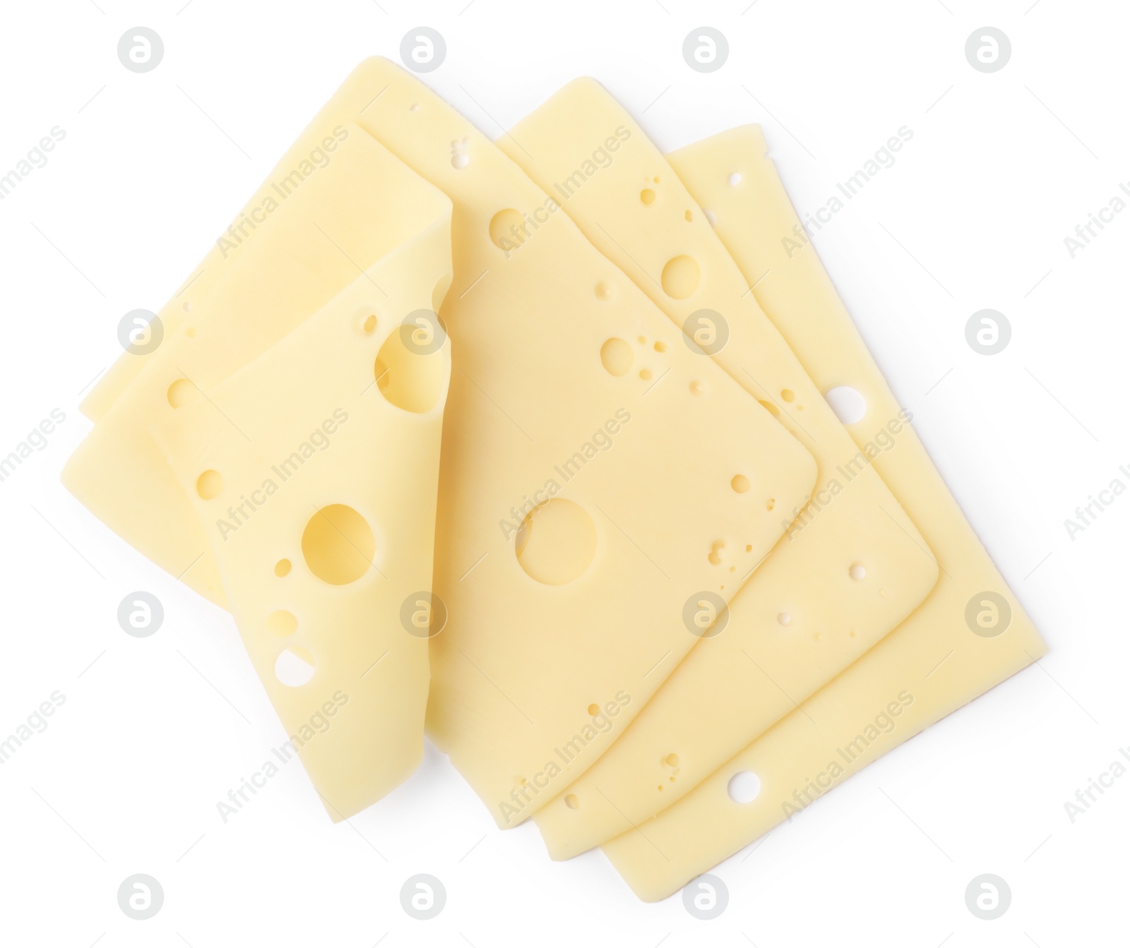 Photo of Slices of tasty fresh cheese isolated on white, top view