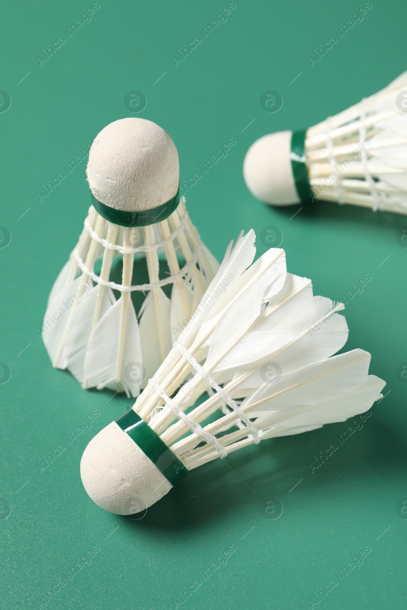 Photo of Feather badminton shuttlecocks on green background, closeup