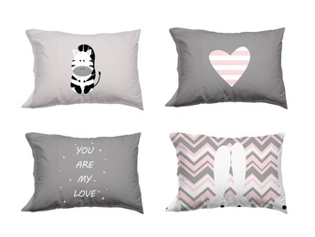 Image of Soft pillows with cute prints isolated on white, set