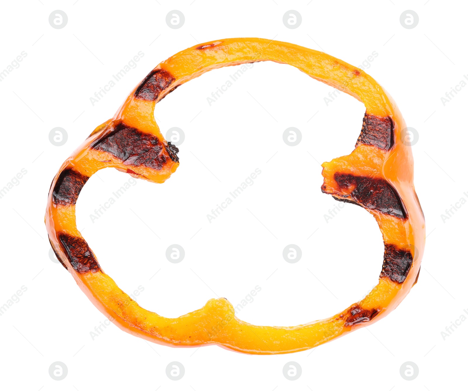 Photo of Slice of grilled orange pepper isolated on white, top view