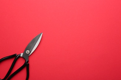 Pair of sharp scissors on color background, top view. Space for text