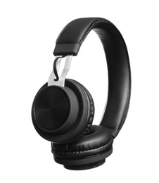 Stylish headphones with pads on white background