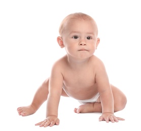 Photo of Cute little baby crawling on white background