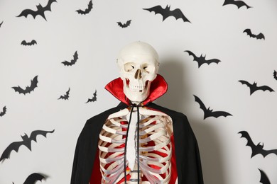 Photo of Skeleton in cloak and paper bats on light wall