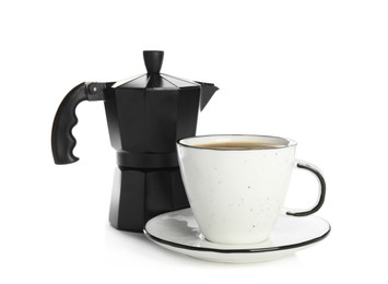 Photo of Cup of coffee and moka pot on white background