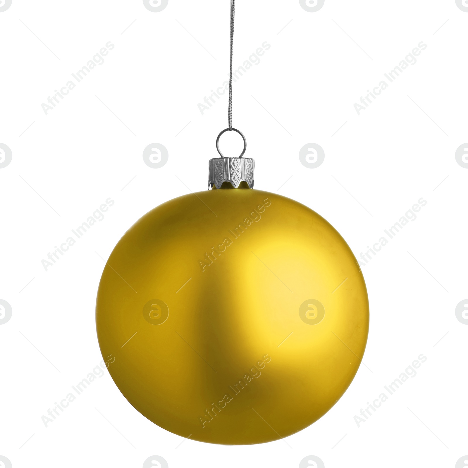 Image of Golden Christmas ball hanging on white background