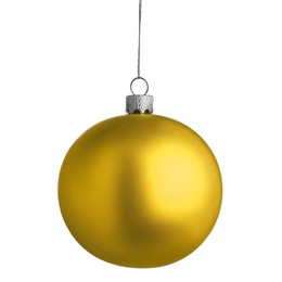 Image of Golden Christmas ball hanging on white background