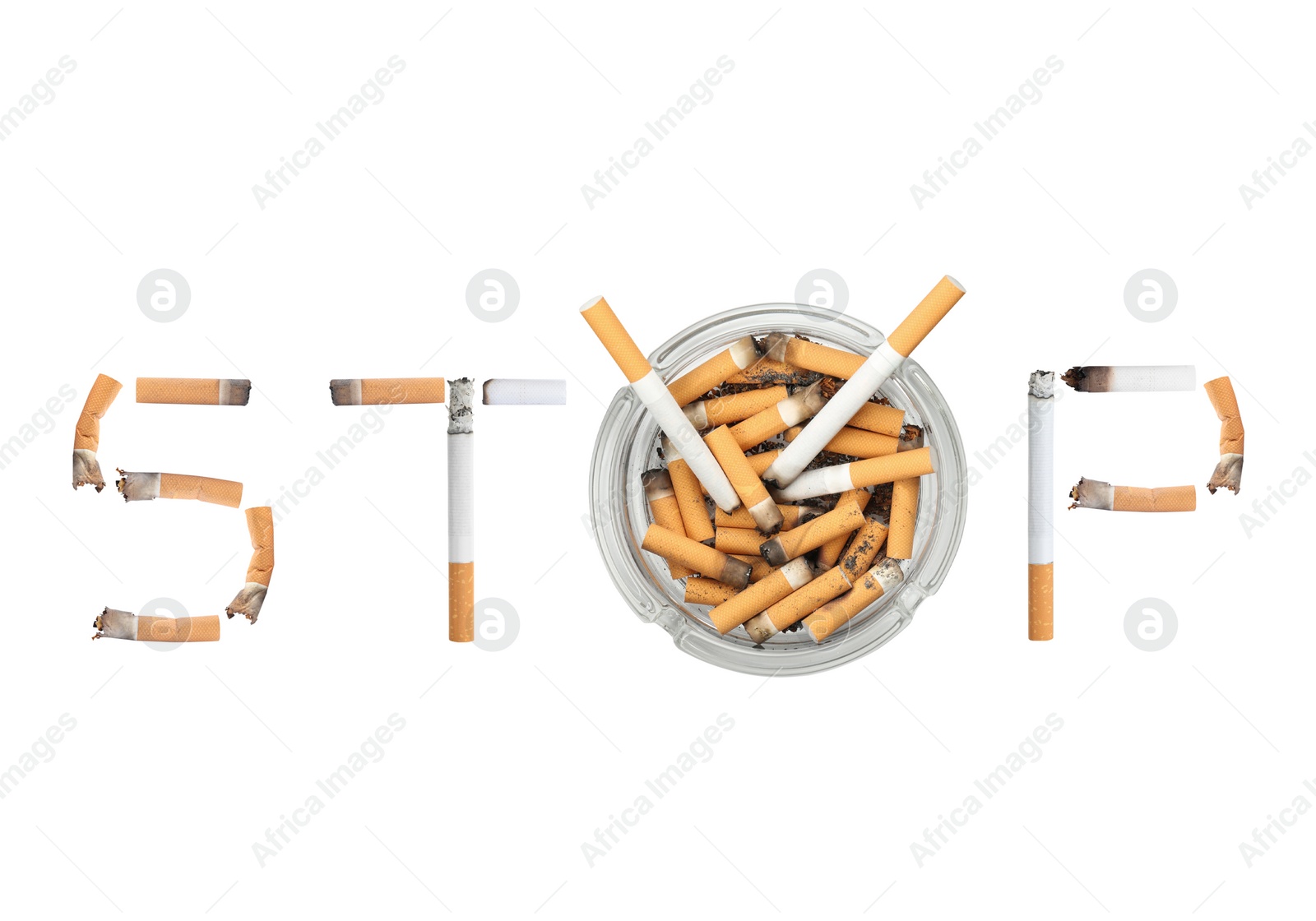 Image of Quitting smoking concept. Word Stop made of burnt cigarettes and glass ashtray on white background, top view