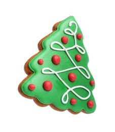 Photo of Christmas cookie in shape of fir tree isolated on white