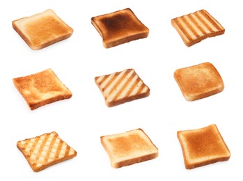 Image of Set with slices of tasty toasted bread on white background