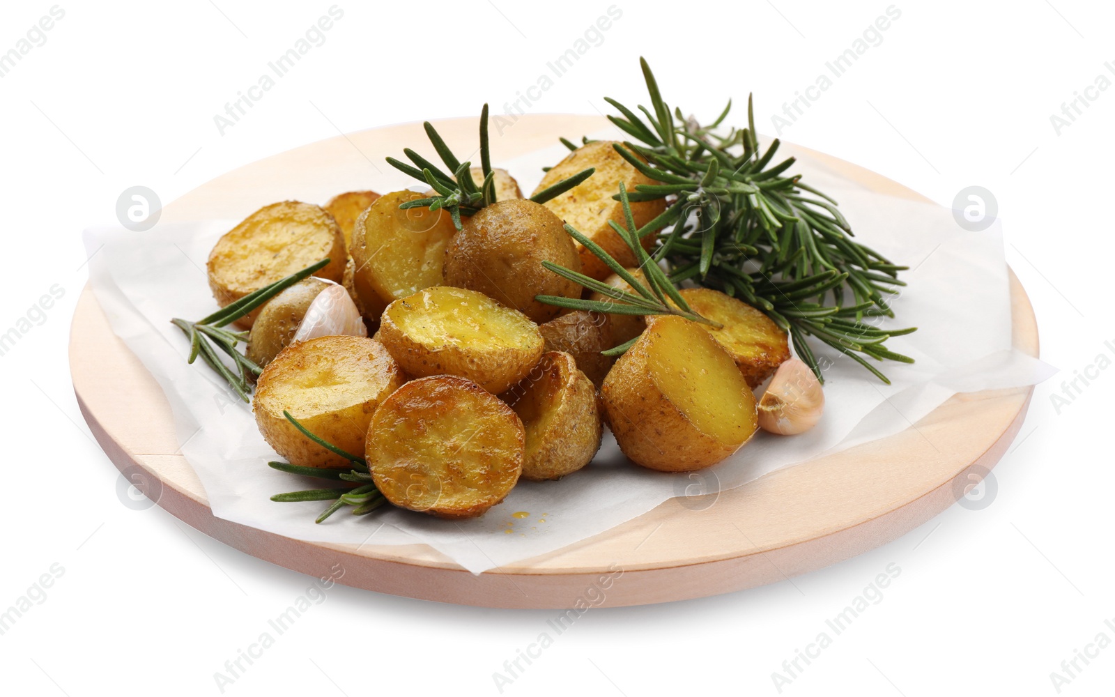 Photo of Delicious baked potatoes with rosemary isolated on white